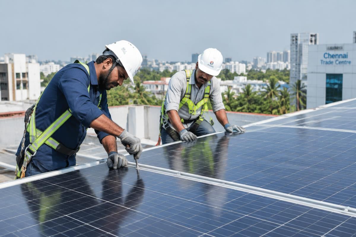 Solar technicians installing rooftop solar panels in Chennai