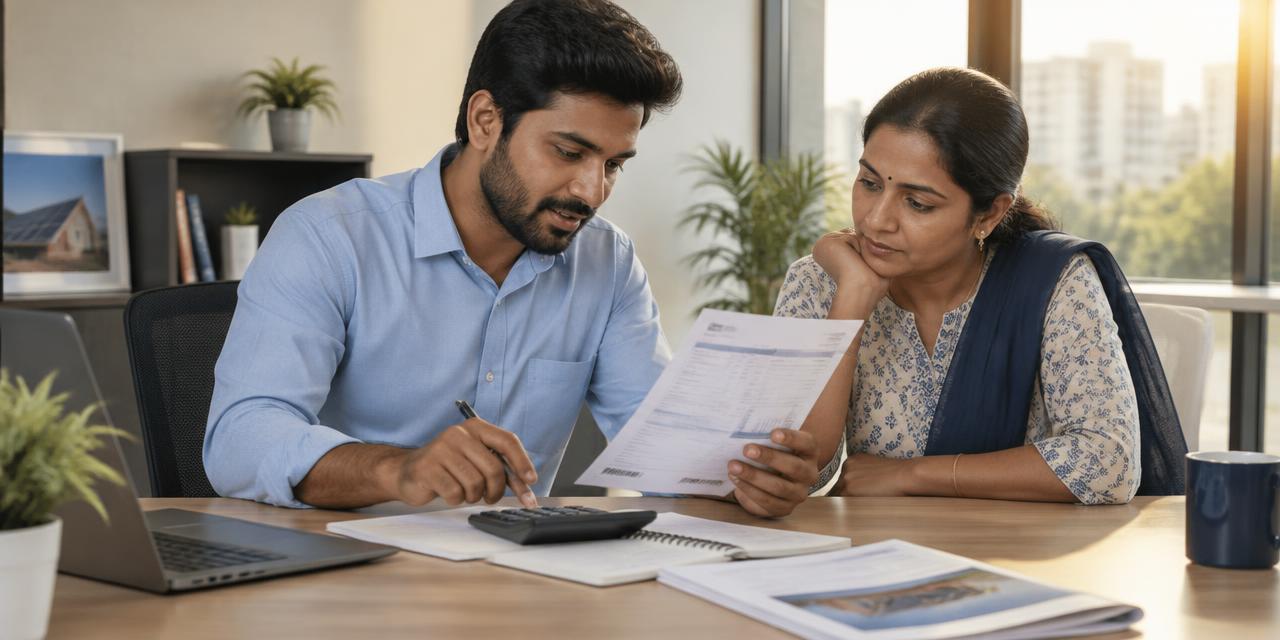 Solar consultant reviewing an electricity bill and calculating energy needs with a homeowner