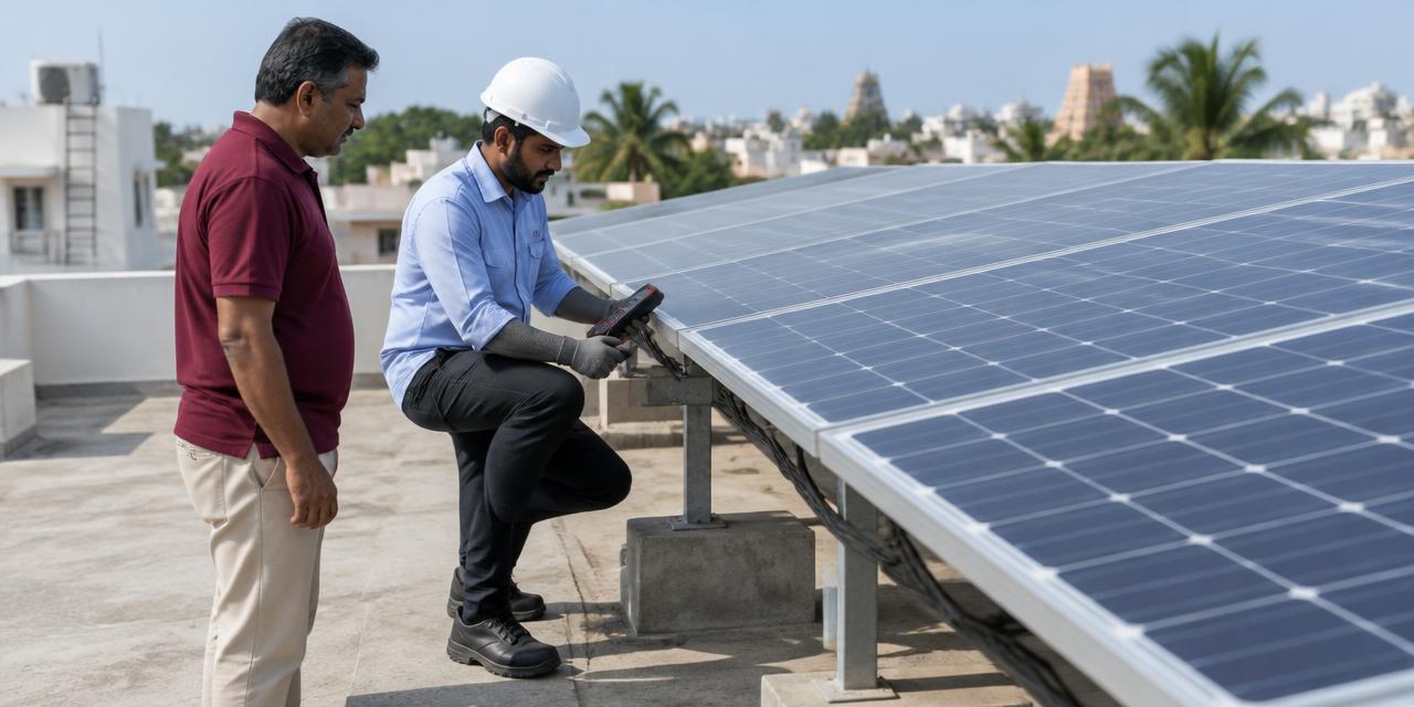 Solar technician inspecting installed rooftop panels with a homeowner nearby