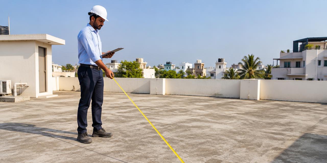 Solar engineer inspecting and measuring an Indian residential rooftop
