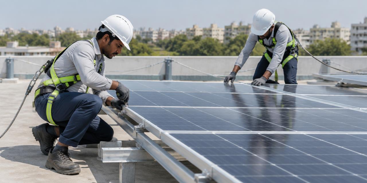 Solar installers wearing helmets, gloves and safety harnesses mounting rooftop panels