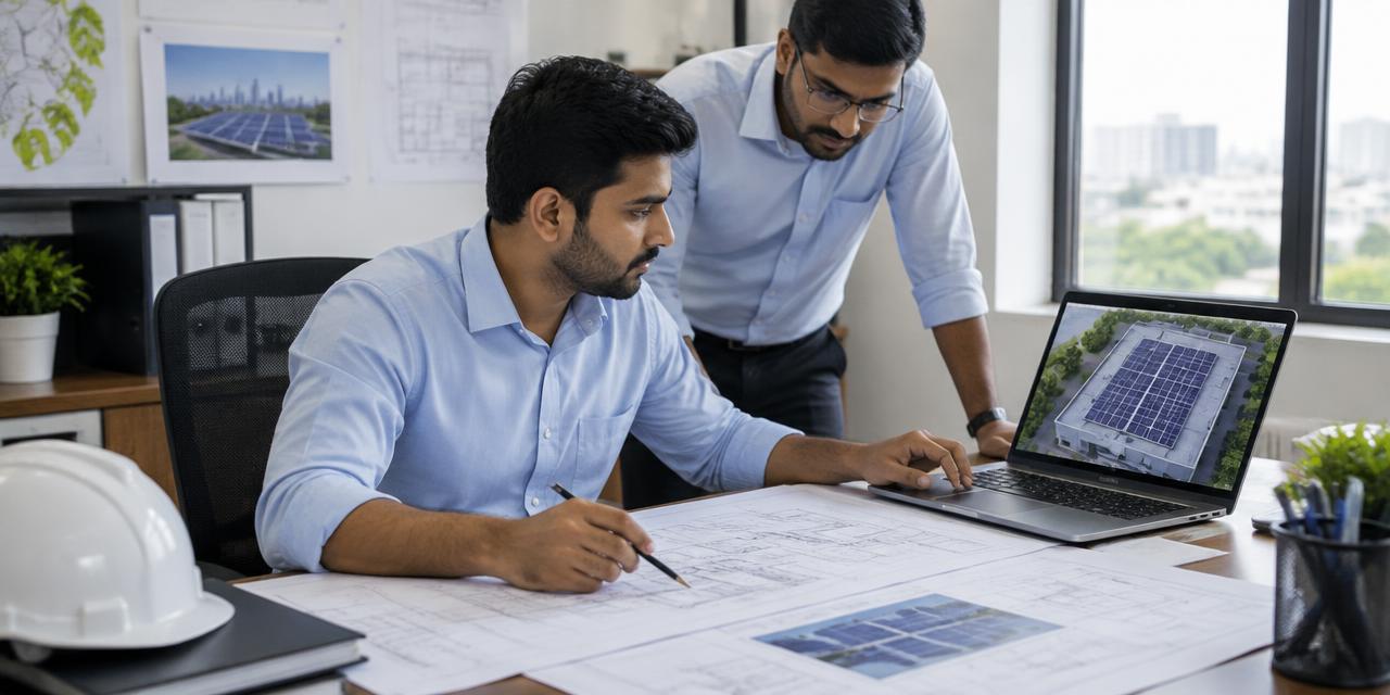 Solar engineers designing a rooftop panel layout and reviewing technical specifications